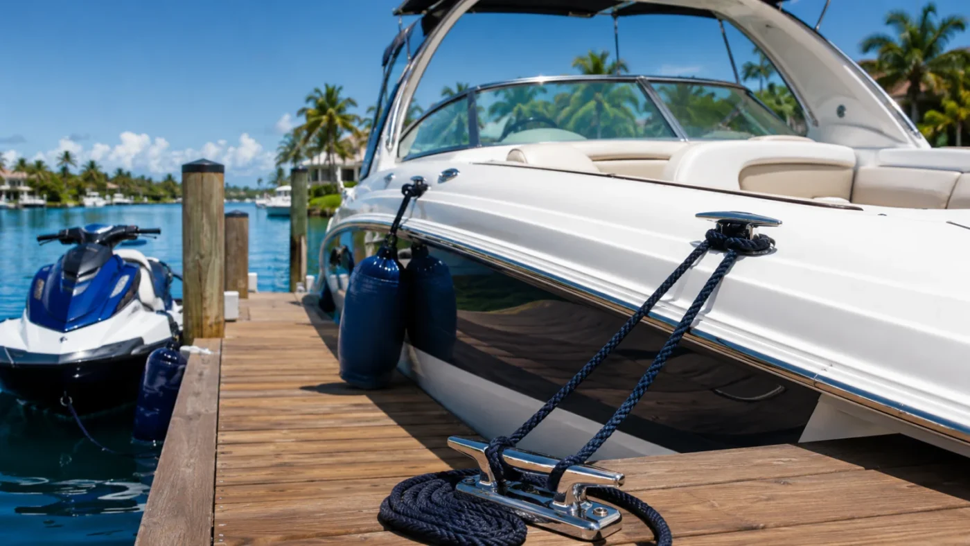 Motorboat secured to a wooden dock with mooring lines, cleats, and fenders beside a personal watercraft in tropical marina waters