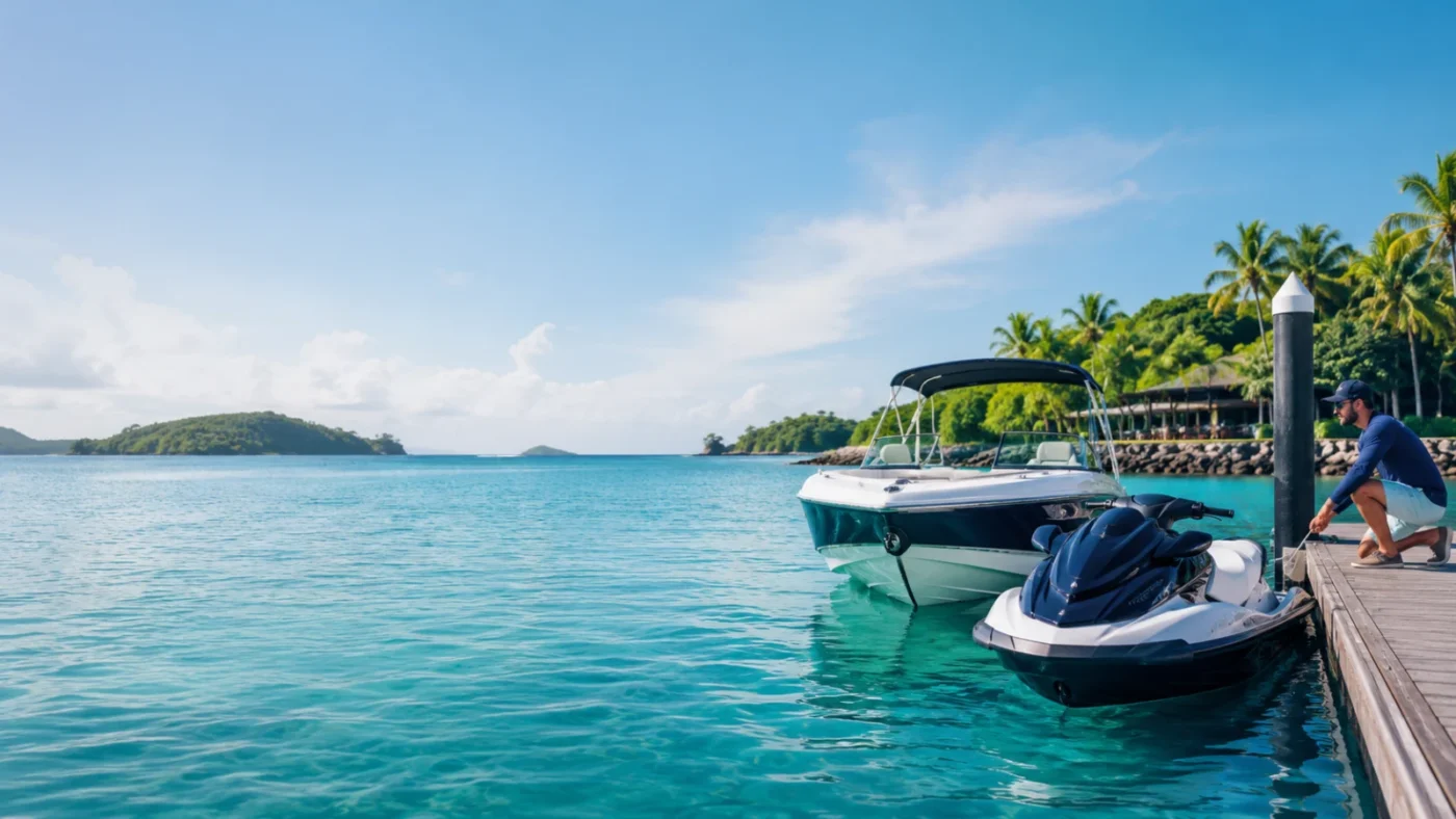 Motorboat and personal watercraft docked beside a wooden pier in clear tropical water with a person securing the vessel at a piling