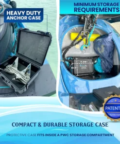 WaveRx TriAnchor folded in a protective case beside a PWC storage compartment, showing compact 11.85 by 10.5-inch storage dimensions