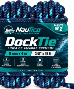 NauTico DockTie™ 3/8 in x 15 ft premium marine dock lines, 2-pack, navy with light blue tracer