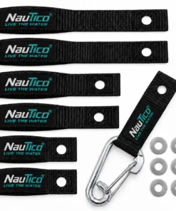 NauTico SoftTie 6-pack black PWC soft loop cleats with carabiner, hook, and washers displayed on white background