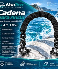 NauTico 4 ft black 316 stainless steel anchor chain with protective cover and shackles displayed over a boat and water background