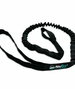 NauTico BowReach black elastic PWC bow tether with looped ends and protective sleeve, shown extended on a white background