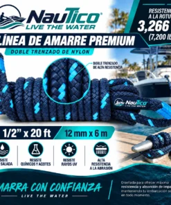 NauTico DockTie 1/2-inch by 20-foot double-braided nylon dock line coiled beside a boat cleat, rated for 7,200 lb break strength