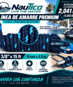NauTico DockTie 3/8-inch by 15-foot double-braided nylon dock line with spliced loop and 4,500 lb break capacity