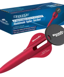 WaveRx WaveCobra 12-inch aluminum beach spike anchor with red shaft and black cap, shown with its product box