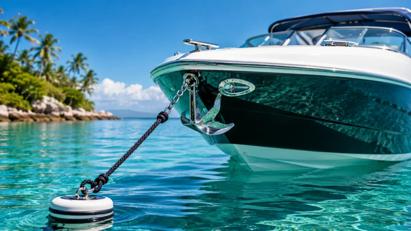 Boat anchored in clear tropical water with a rope connecting the bow anchor to a floating buoy