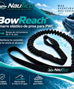 NauTico BowReach elastic PWC bow tether, shown stretched in a loop with black webbing and 4–6 ft range text
